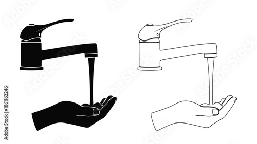 Modern faucet with water flowing into hands black and white silhouette