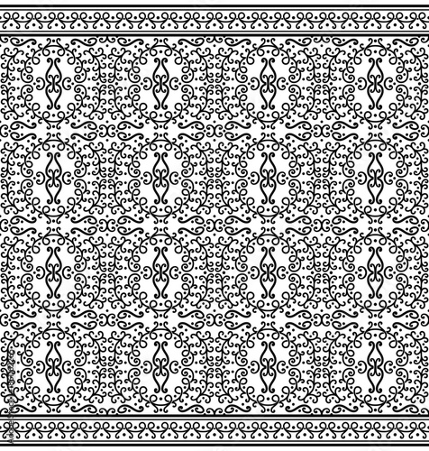 Black seamless pattern and border. Overlapping vignettes. Indian, Arabic, Middle East style. 