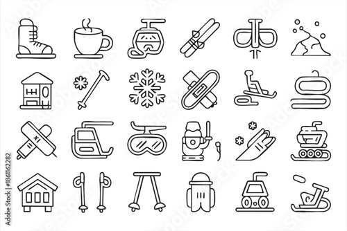 Winter Sports Line Icons for Ski Resort and Travel UI