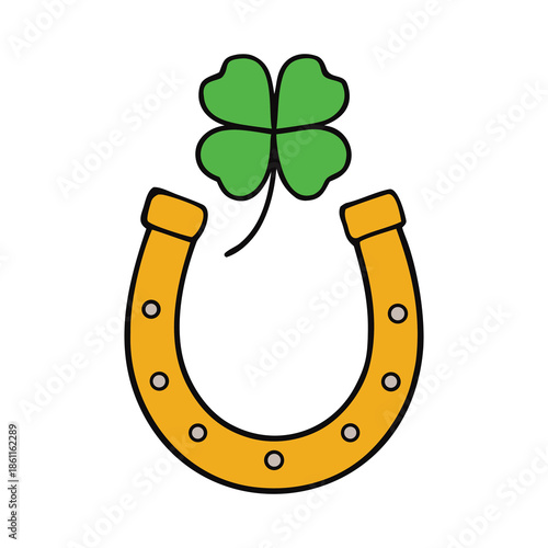 A lucky horseshoe rests beside a vibrant four-leaf clover, symbolizing fortune, hope, and good vibes in a charming, nature-inspired arrangement.
