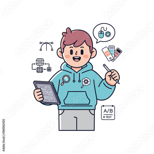 A young boy holds a tablet and pen surrounded by design elements and icons.