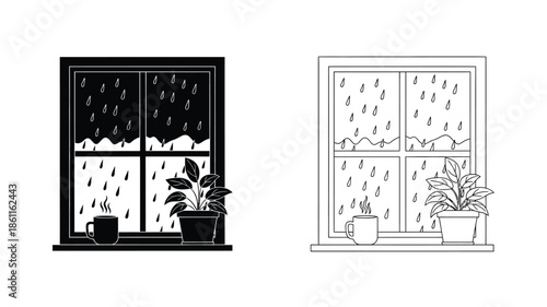 Rainy day view through a window with plants and a mug silhouette