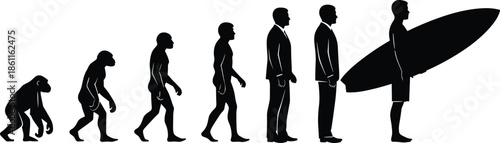 Evolution of man silhouette, from monkey to businessman to surfer, work life balance concept, funny human development stages, vector illustration.