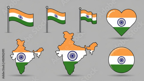 Indian flag illustrations collection with map and various shapes on gray background