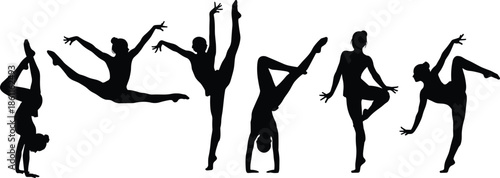 Set of female gymnast silhouettes, rhythmic gymnastics collection, acrobatic dance poses, flexible sport woman, cad drawing flat vector illustration.