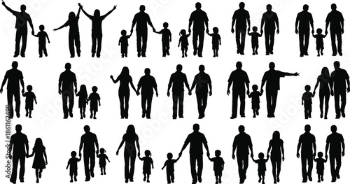 Set of family silhouettes, parents walking with children, father and son holding hands, mother and daughter collection, cad drawing flat vector illustration.