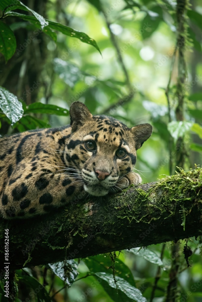 Obraz premium Panthère nébuleuse (léopard tacheté) se reposant sur une branche moussue