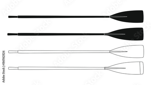 Detailed illustration of two black and two silver boat oars silhouette