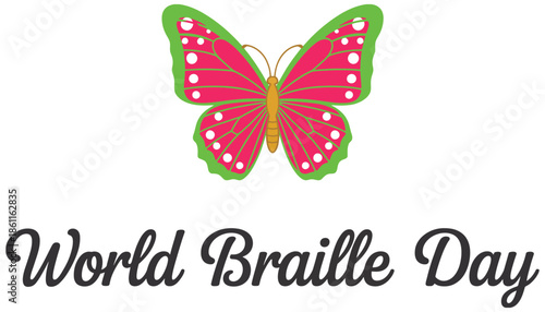 world braille day celebration with a pink patterned butterfly and elegant text, accessibility, awareness of visual impairment, equality, and supportive design for global.
