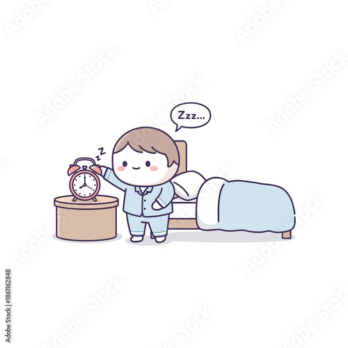 A boy in pajamas turns off an alarm clock beside his bed in the morning.