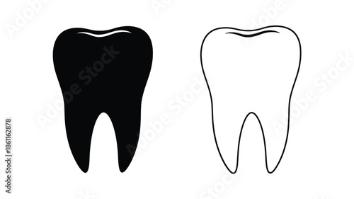Two tooth illustrations one black and one white presented as a silhouette
