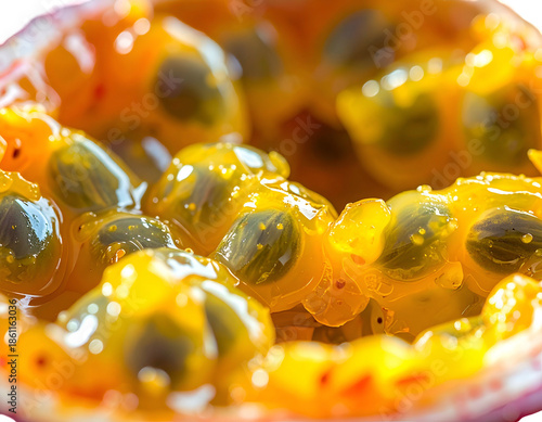 Macro shot of a vibrant, cut tropical fruit, revealing seeds and pulp