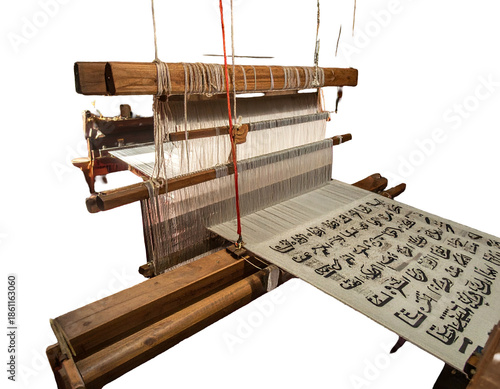 Wooden weaving loom with a partially completed textile