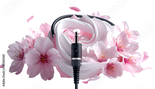 Headphones with blossom detail, flower art over white background