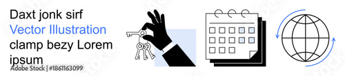 Security, planning, global networking, key management, digital services, organization. A hand holding keys, calendar and globe icon. Security and planning concept illustrated via relatable symbols