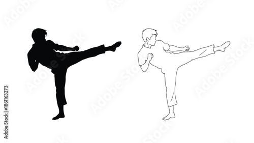 Two figures demonstrating a martial arts kick one in bold silhouette