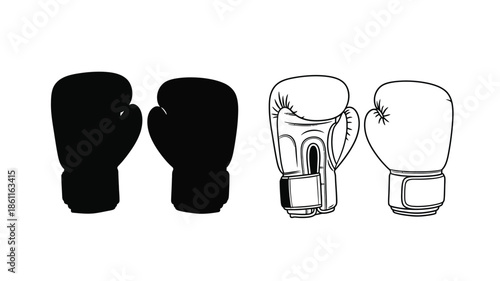 Boxing gloves in contrasting styles a black silhouette and line art