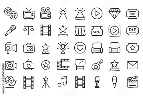 Media and Entertainment Line Icons for Video Production and Broadcasting