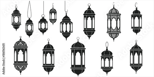 Assortment of detailed Islamic lantern silhouettes on white background Keywords: Islamic lantern, Ramadan lantern, Arabic