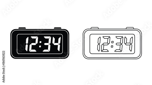 Two digital clocks displaying the same time a stark black silhouette