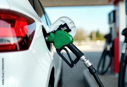 Close-Up of a Fuel Pump Nozzle Inserted into a Car's Gas Tank at a Service Station