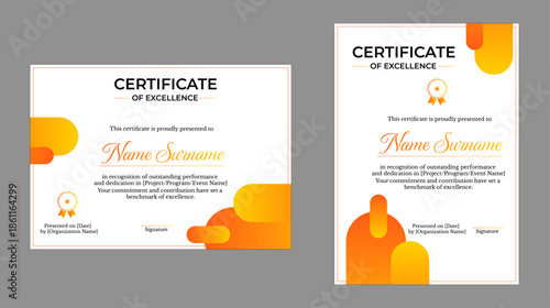 Certificate of Excellence with orange, yellow, and red abstract shapes, perfect for performance and dedication in landscape and portrait design