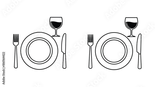 Elegant dinner place settings with wine glasses plates and cutlery silhouette