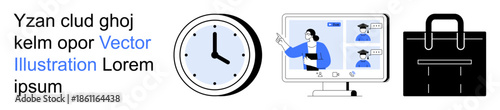 Remote work, time management, digital communication, business, scheduling, productivity. A clock, a computer monitor showing a video call and a briefcase. Remote work and time management concept