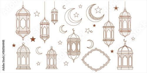 Brown Outline Illustrations of Islamic Lanterns, Moons, and Stars Ramadan lantern Arabic lantern
