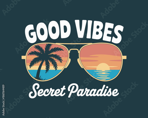Stylish sunglasses reflecting tropical paradise and sunset for a relaxing getaway