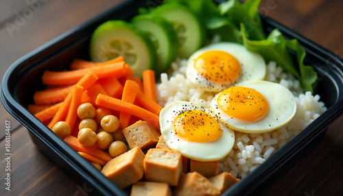 nutritious, well-balanced meal in a black compartmentalized container, created with generative ai