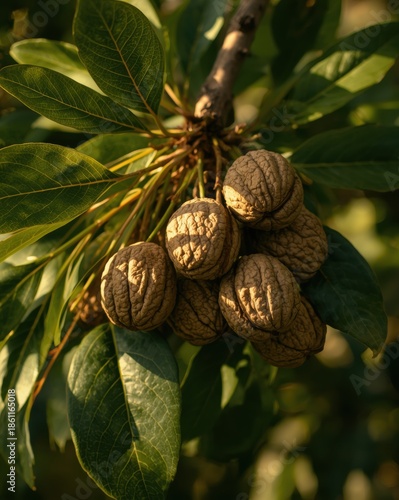 Cluster of walnuts on a tree branch