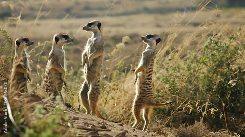 Meerkats standing tall group looking alert in african savanna wildlife photography exploration scene