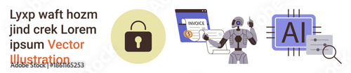 Cybersecurity, artificial intelligence, data privacy, automation, digital security, technology advancement. Lock, robot AI chip and digital document. Cybersecurity and artificial intelligence