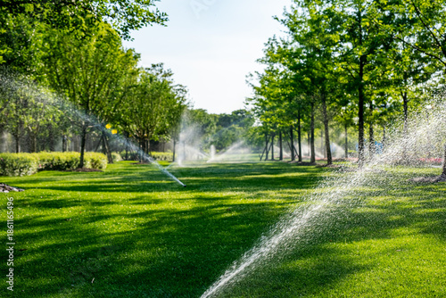 an automatic irrigation system watering a lush green garden. The scene is brightly lit by the sun, with water droplets visible in the air