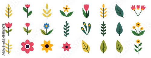  colorful collection of simple stylized flowers and leaves 