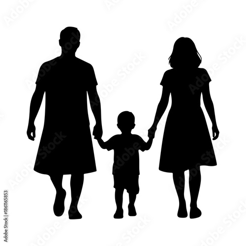 Silhouette of a family with a child walking hand in hand Vector