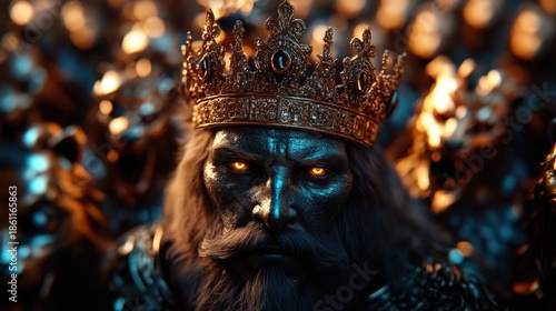 An imposing image of a powerful king with glowing eyes and an elaborate crown, set against a backdrop of dark, shadowy figures, suggesting themes of authority and mystique.