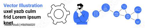 Workflow optimization, business strategy, industry connections, decision-making, data sharing, innovation. Man thinking, gear icon and network of industry icons. Workflow optimization and business
