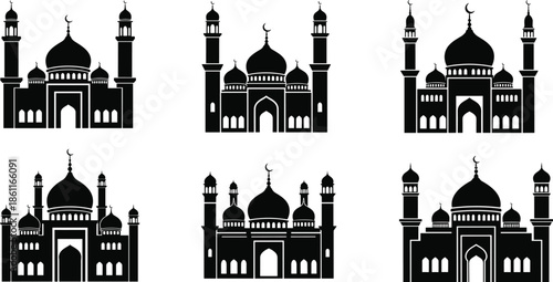 Set Of Six Black Silhouette Mosques With Domes And Minarets islamic architecture