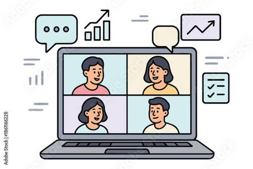 online video conference meeting on laptop screen with remote team