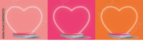 Neon hearts glowing on pedestals against a gradient of pink and orange