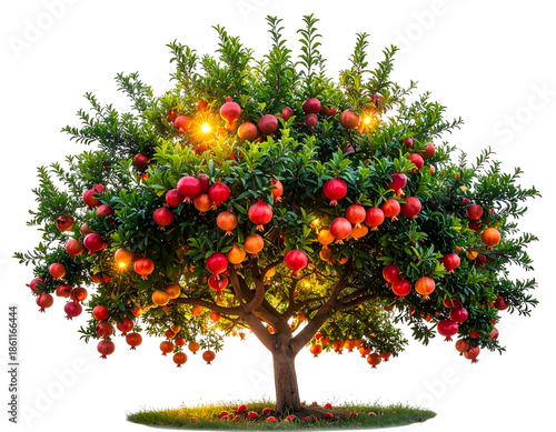 Lush, fruit-laden tree with glowing orbs amidst green foliage