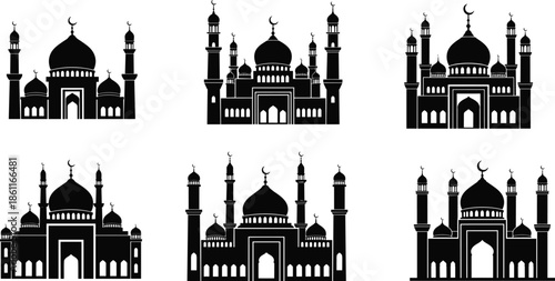 Six Black Silhouette Mosques With Domes And Minarets Variations islamic architecture