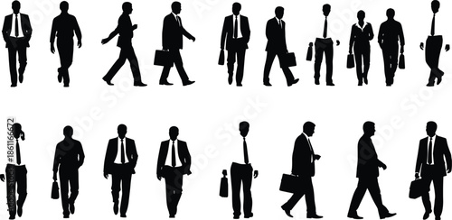Silhouettes of diverse business professionals walking and standing with briefcases, handbags, and corporate attire representing teamwork and workplace culture
