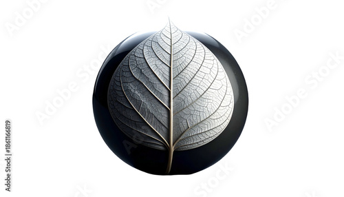 An artistic leaf detail inside a glossy, dark sphere against black