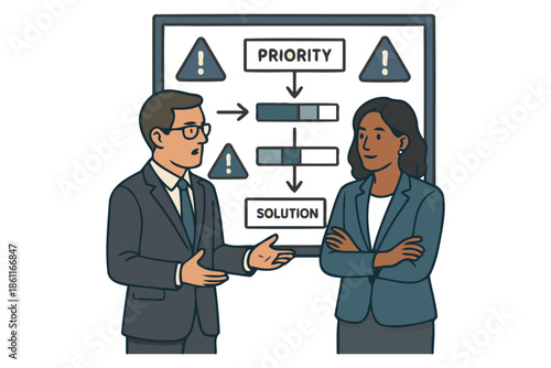 business people discussing priority and solution strategy on whiteboard