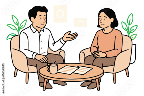 business consultation meeting between professional man and woman on sofa