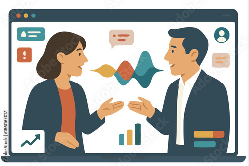 business video conference call on laptop with data analytics charts