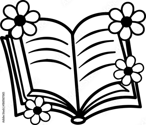 SVG vector illustration of flower clipart with a book.Open Book with Flowers Blooming from Pages